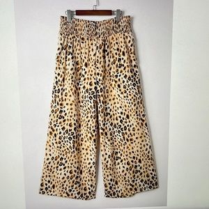 Leopard Print Smock Waist Wide Leg Flowy Pants w/ Pockets Tan Brown Black 2XL